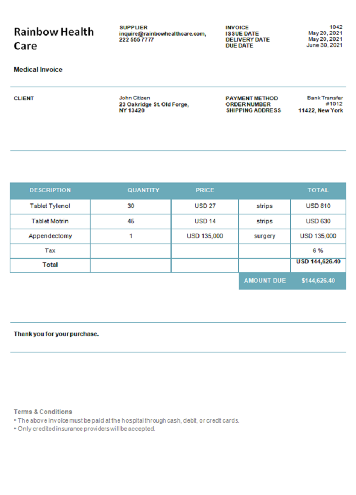 USA Rainbow Health Care invoice PSD template